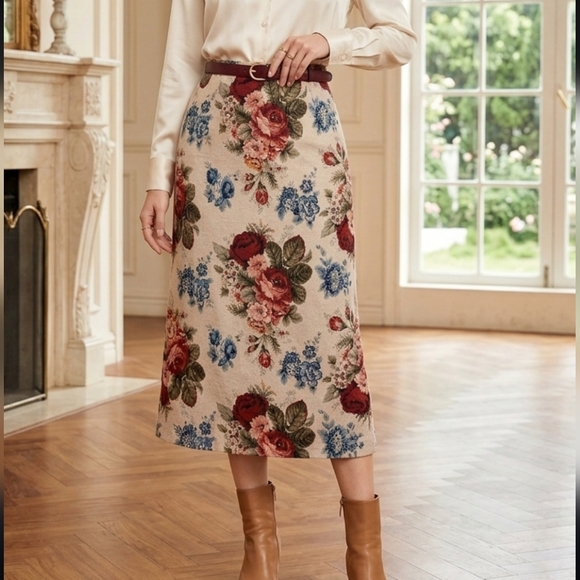 f.l. malik Dresses & Skirts - Floral Tapestry Heritage A-Line Skirt - Red and Blue Linen Sz 10